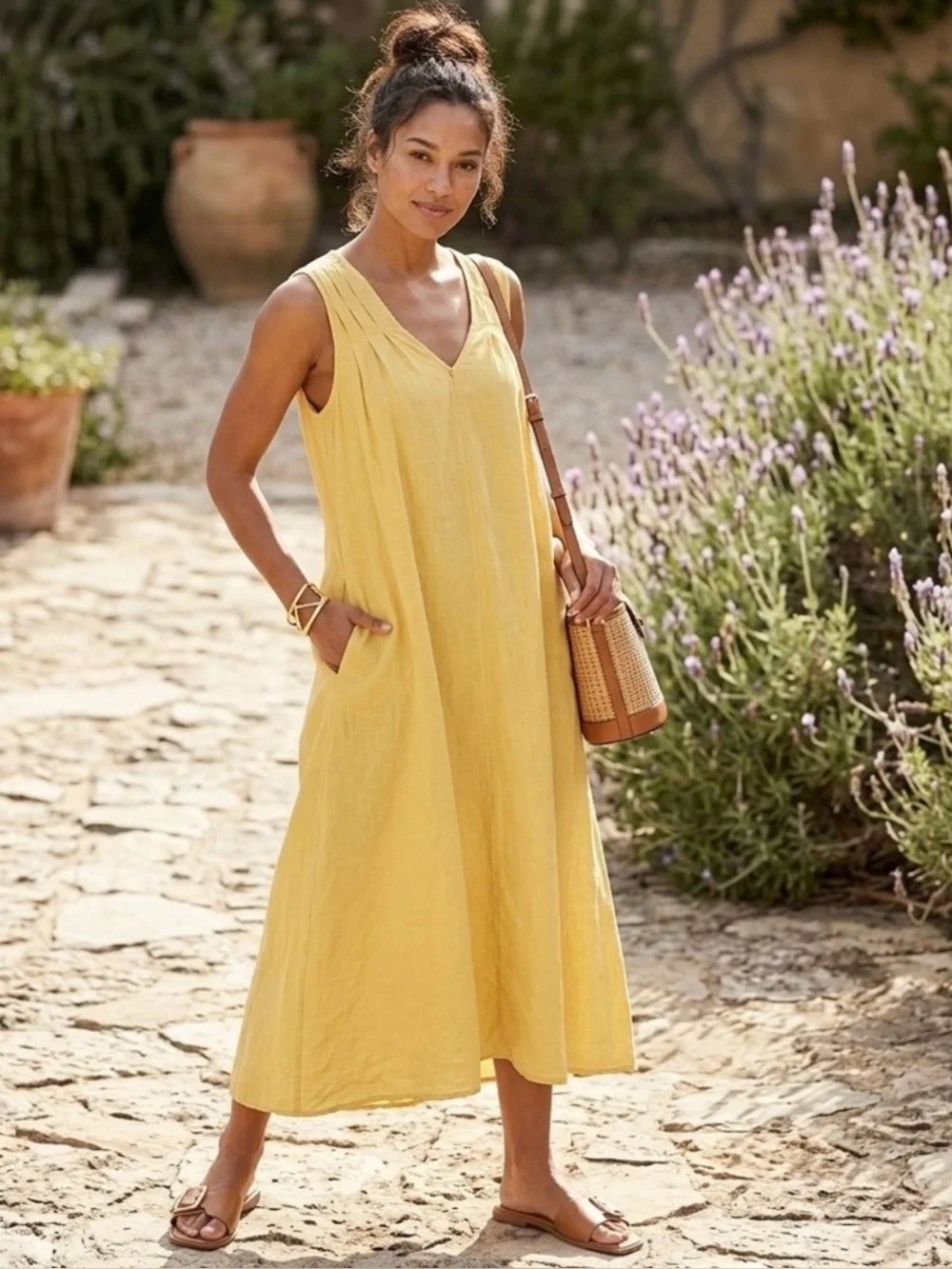 Magaschoni Linen Midi Dress Yellow Sleeveless V Neck Pockets A-Line Women's  L